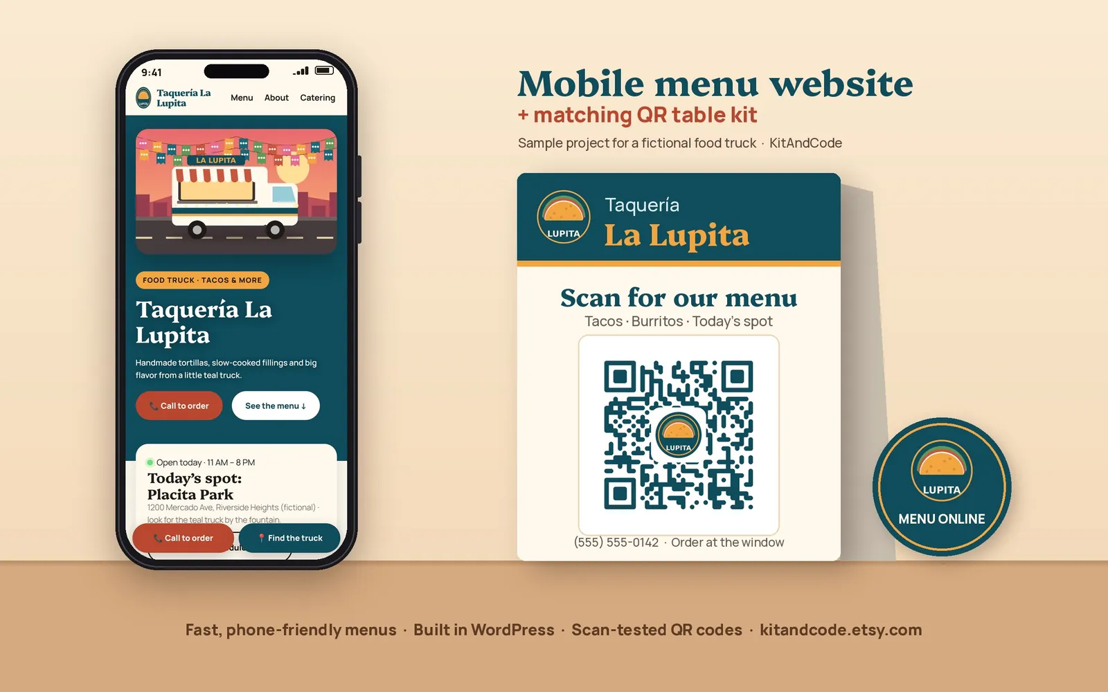 Portfolio mockup of the La Lupita sample menu site on desktop and phone with its QR table tent