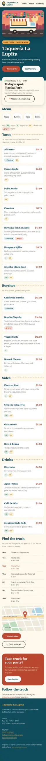Sample menu website for Taquería La Lupita, a fictional taco truck, on a phone